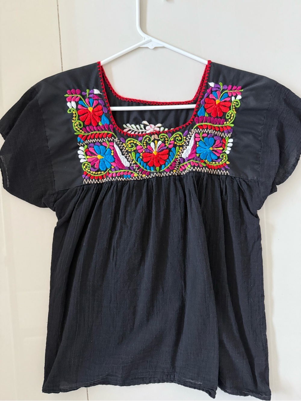 Black Embroidered Festive Top with Multicolor Floral